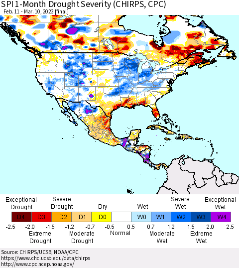 North America SPI 1-Month Drought Severity (CHIRPS) Thematic Map For 2/11/2023 - 3/10/2023