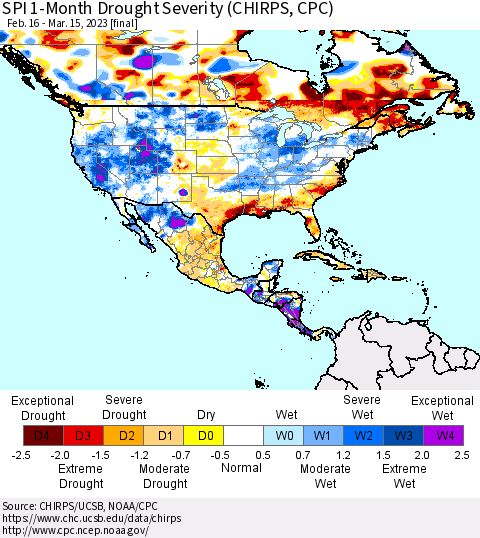 North America SPI 1-Month Drought Severity (CHIRPS) Thematic Map For 2/16/2023 - 3/15/2023