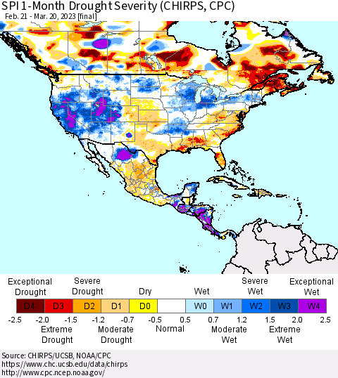 North America SPI 1-Month Drought Severity (CHIRPS) Thematic Map For 2/21/2023 - 3/20/2023