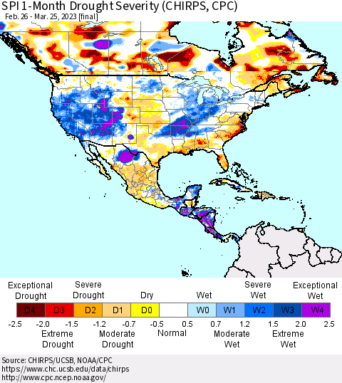 North America SPI 1-Month Drought Severity (CHIRPS) Thematic Map For 2/26/2023 - 3/25/2023