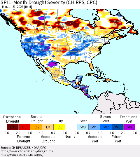 North America SPI 1-Month Drought Severity (CHIRPS) Thematic Map For 3/1/2023 - 3/31/2023