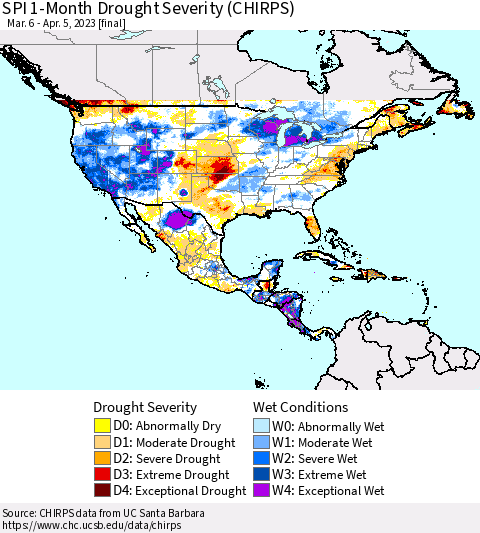 North America SPI 1-Month Drought Severity (CHIRPS) Thematic Map For 3/6/2023 - 4/5/2023