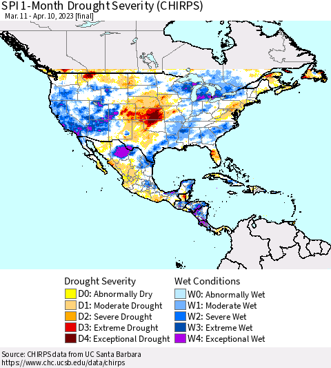 North America SPI 1-Month Drought Severity (CHIRPS) Thematic Map For 3/11/2023 - 4/10/2023