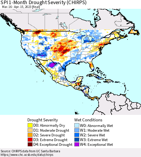 North America SPI 1-Month Drought Severity (CHIRPS) Thematic Map For 3/16/2023 - 4/15/2023