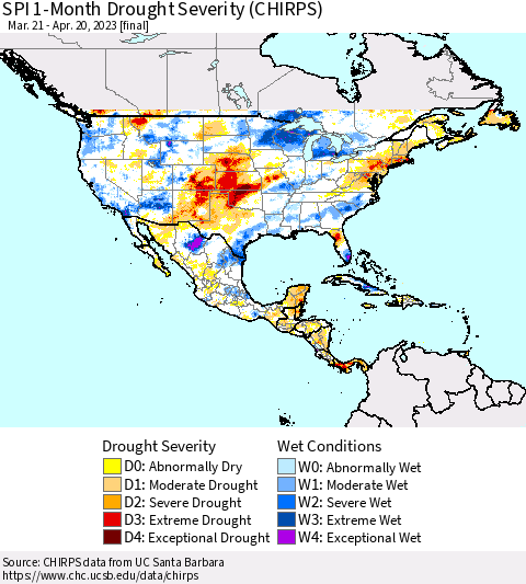 North America SPI 1-Month Drought Severity (CHIRPS) Thematic Map For 3/21/2023 - 4/20/2023