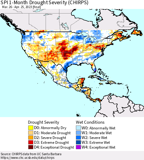 North America SPI 1-Month Drought Severity (CHIRPS) Thematic Map For 3/26/2023 - 4/25/2023