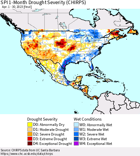 North America SPI 1-Month Drought Severity (CHIRPS) Thematic Map For 4/1/2023 - 4/30/2023