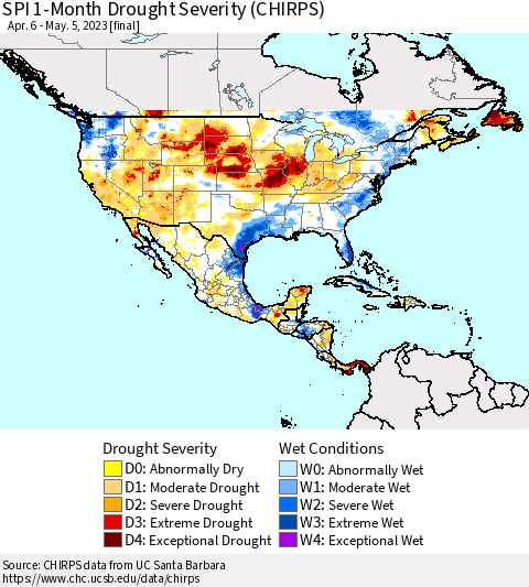 North America SPI 1-Month Drought Severity (CHIRPS) Thematic Map For 4/6/2023 - 5/5/2023