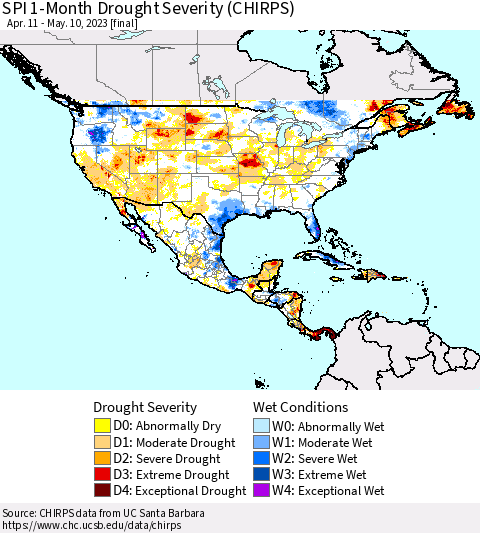 North America SPI 1-Month Drought Severity (CHIRPS) Thematic Map For 4/11/2023 - 5/10/2023