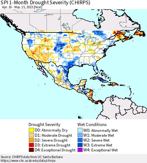 North America SPI 1-Month Drought Severity (CHIRPS) Thematic Map For 4/16/2023 - 5/15/2023