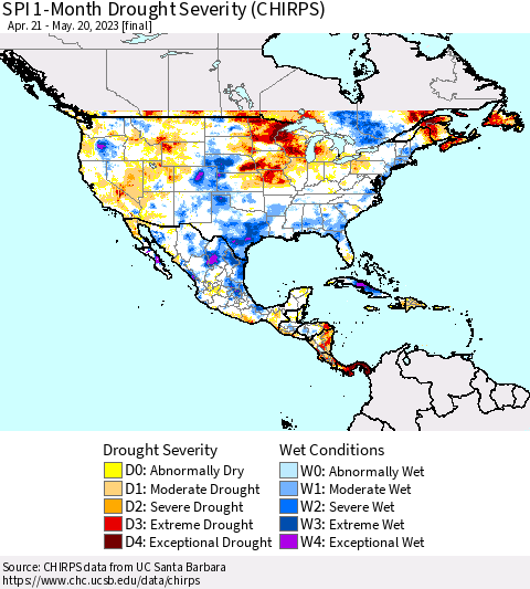 North America SPI 1-Month Drought Severity (CHIRPS) Thematic Map For 4/21/2023 - 5/20/2023