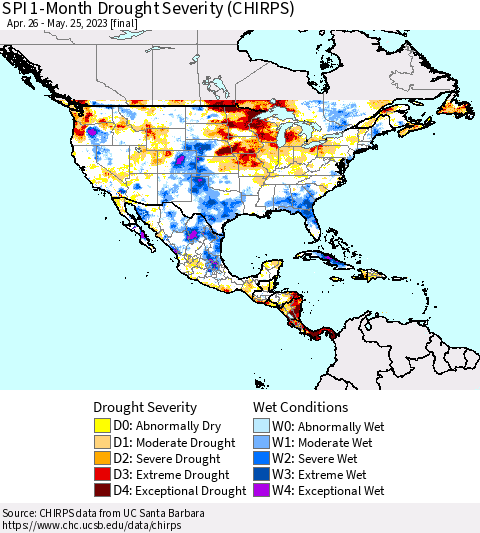 North America SPI 1-Month Drought Severity (CHIRPS) Thematic Map For 4/26/2023 - 5/25/2023