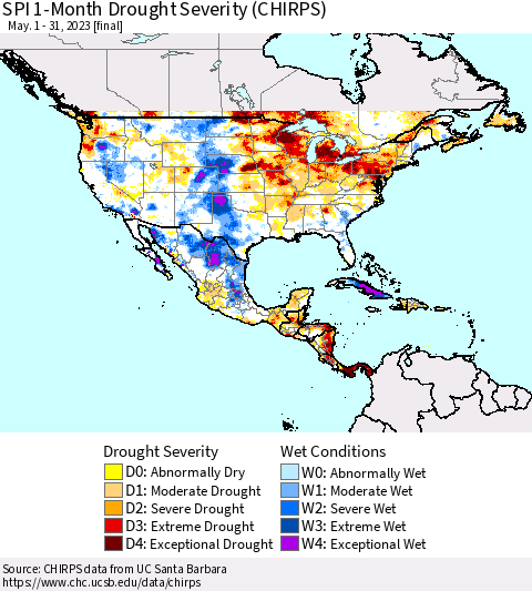 North America SPI 1-Month Drought Severity (CHIRPS) Thematic Map For 5/1/2023 - 5/31/2023