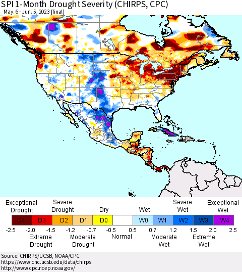 North America SPI 1-Month Drought Severity (CHIRPS) Thematic Map For 5/6/2023 - 6/5/2023