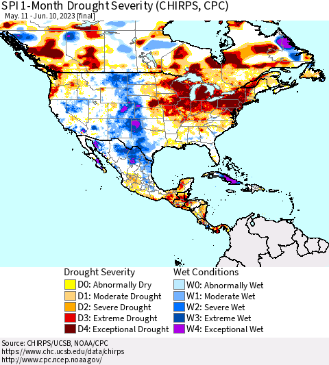 North America SPI 1-Month Drought Severity (CHIRPS) Thematic Map For 5/11/2023 - 6/10/2023