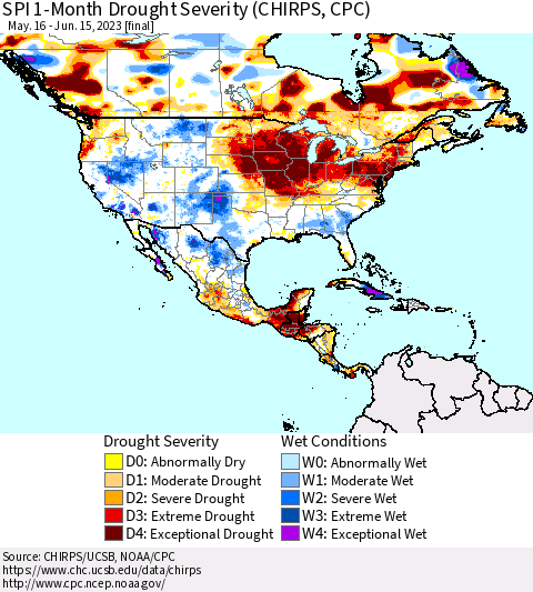 North America SPI 1-Month Drought Severity (CHIRPS) Thematic Map For 5/16/2023 - 6/15/2023