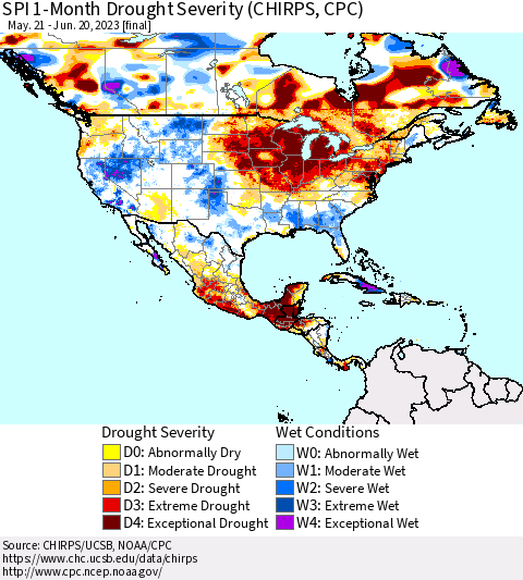 North America SPI 1-Month Drought Severity (CHIRPS) Thematic Map For 5/21/2023 - 6/20/2023