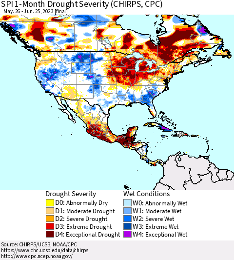 North America SPI 1-Month Drought Severity (CHIRPS) Thematic Map For 5/26/2023 - 6/25/2023