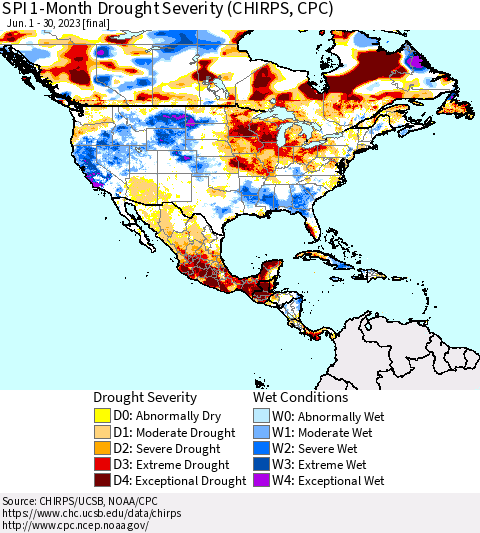 North America SPI 1-Month Drought Severity (CHIRPS) Thematic Map For 6/1/2023 - 6/30/2023