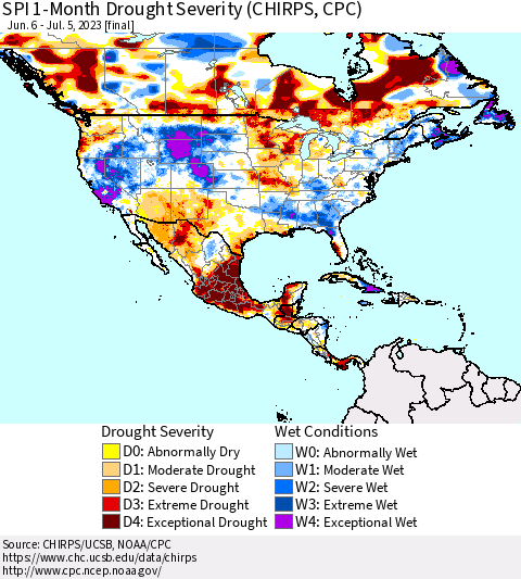 North America SPI 1-Month Drought Severity (CHIRPS) Thematic Map For 6/6/2023 - 7/5/2023