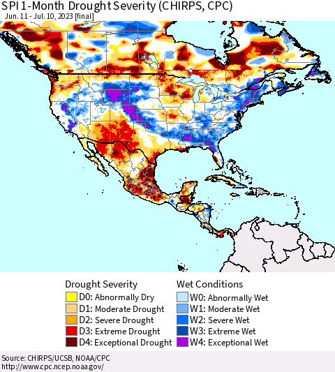 North America SPI 1-Month Drought Severity (CHIRPS) Thematic Map For 6/11/2023 - 7/10/2023