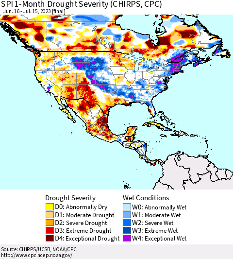 North America SPI 1-Month Drought Severity (CHIRPS) Thematic Map For 6/16/2023 - 7/15/2023