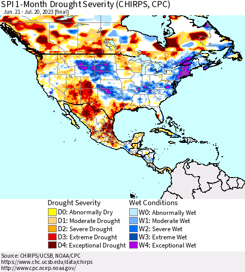 North America SPI 1-Month Drought Severity (CHIRPS) Thematic Map For 6/21/2023 - 7/20/2023
