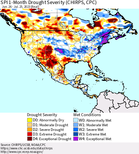 North America SPI 1-Month Drought Severity (CHIRPS) Thematic Map For 6/26/2023 - 7/25/2023