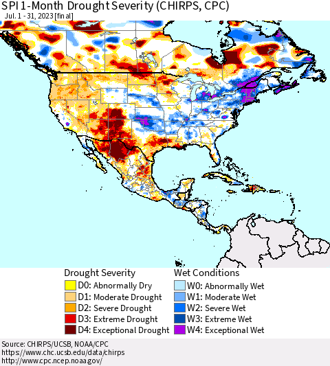 North America SPI 1-Month Drought Severity (CHIRPS) Thematic Map For 7/1/2023 - 7/31/2023