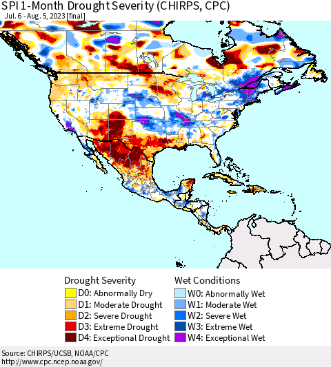 North America SPI 1-Month Drought Severity (CHIRPS) Thematic Map For 7/6/2023 - 8/5/2023