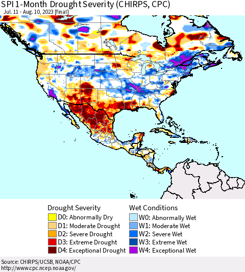 North America SPI 1-Month Drought Severity (CHIRPS) Thematic Map For 7/11/2023 - 8/10/2023