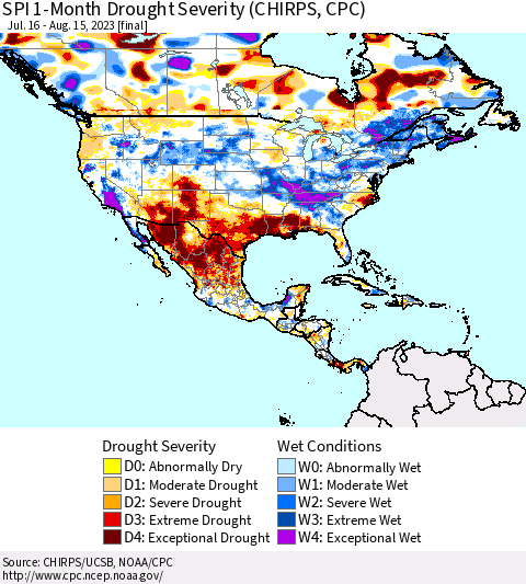 North America SPI 1-Month Drought Severity (CHIRPS) Thematic Map For 7/16/2023 - 8/15/2023