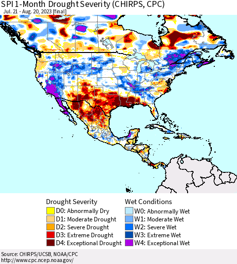 North America SPI 1-Month Drought Severity (CHIRPS) Thematic Map For 7/21/2023 - 8/20/2023
