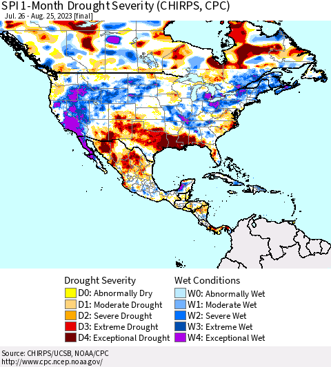 North America SPI 1-Month Drought Severity (CHIRPS) Thematic Map For 7/26/2023 - 8/25/2023