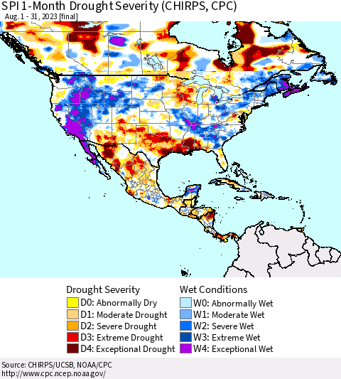 North America SPI 1-Month Drought Severity (CHIRPS) Thematic Map For 8/1/2023 - 8/31/2023