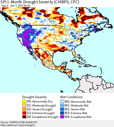 North America SPI 1-Month Drought Severity (CHIRPS) Thematic Map For 8/6/2023 - 9/5/2023