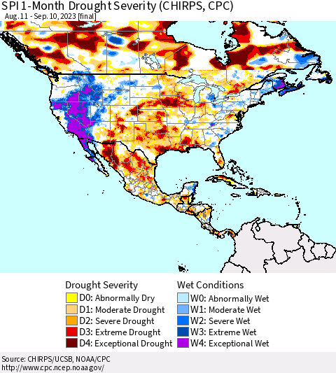 North America SPI 1-Month Drought Severity (CHIRPS) Thematic Map For 8/11/2023 - 9/10/2023