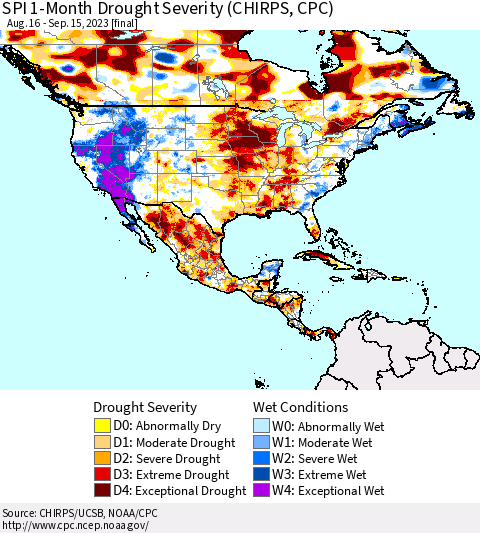 North America SPI 1-Month Drought Severity (CHIRPS) Thematic Map For 8/16/2023 - 9/15/2023