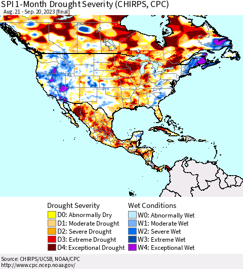 North America SPI 1-Month Drought Severity (CHIRPS) Thematic Map For 8/21/2023 - 9/20/2023