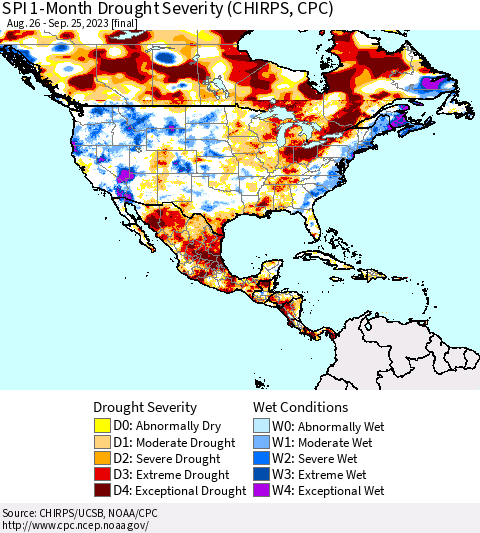 North America SPI 1-Month Drought Severity (CHIRPS) Thematic Map For 8/26/2023 - 9/25/2023