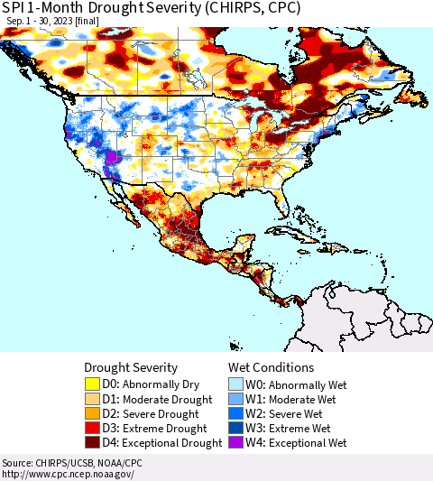 North America SPI 1-Month Drought Severity (CHIRPS) Thematic Map For 9/1/2023 - 9/30/2023