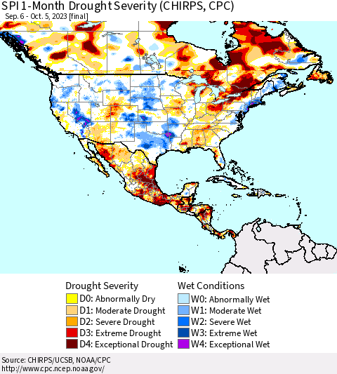 North America SPI 1-Month Drought Severity (CHIRPS) Thematic Map For 9/6/2023 - 10/5/2023
