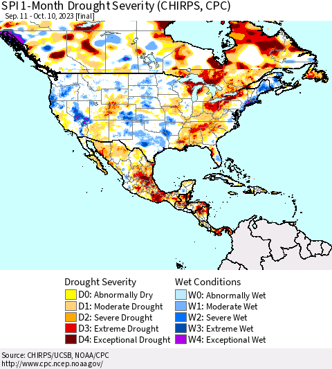 North America SPI 1-Month Drought Severity (CHIRPS) Thematic Map For 9/11/2023 - 10/10/2023
