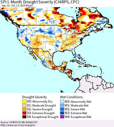 North America SPI 1-Month Drought Severity (CHIRPS) Thematic Map For 9/16/2023 - 10/15/2023