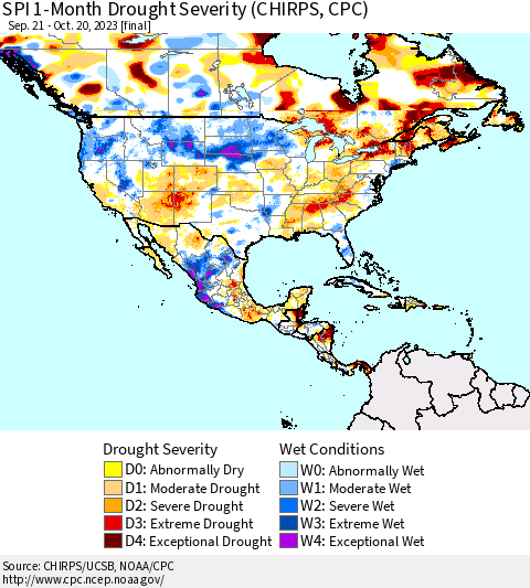 North America SPI 1-Month Drought Severity (CHIRPS) Thematic Map For 9/21/2023 - 10/20/2023