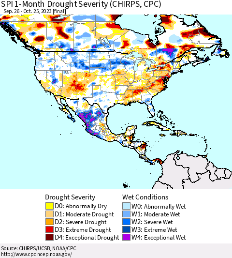 North America SPI 1-Month Drought Severity (CHIRPS) Thematic Map For 9/26/2023 - 10/25/2023