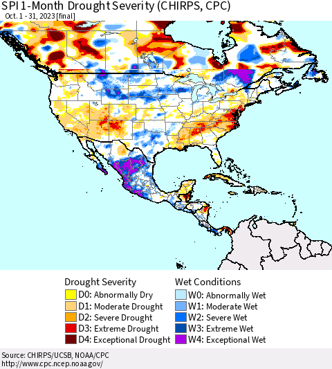 North America SPI 1-Month Drought Severity (CHIRPS) Thematic Map For 10/1/2023 - 10/31/2023