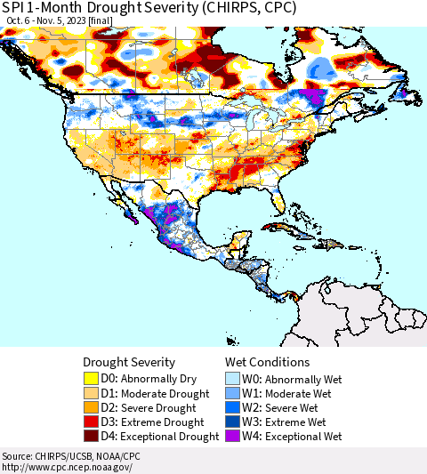 North America SPI 1-Month Drought Severity (CHIRPS) Thematic Map For 10/6/2023 - 11/5/2023
