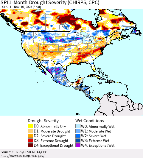 North America SPI 1-Month Drought Severity (CHIRPS) Thematic Map For 10/11/2023 - 11/10/2023