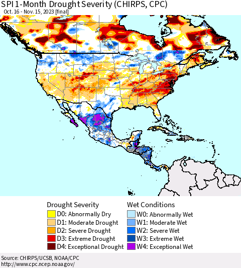 North America SPI 1-Month Drought Severity (CHIRPS) Thematic Map For 10/16/2023 - 11/15/2023